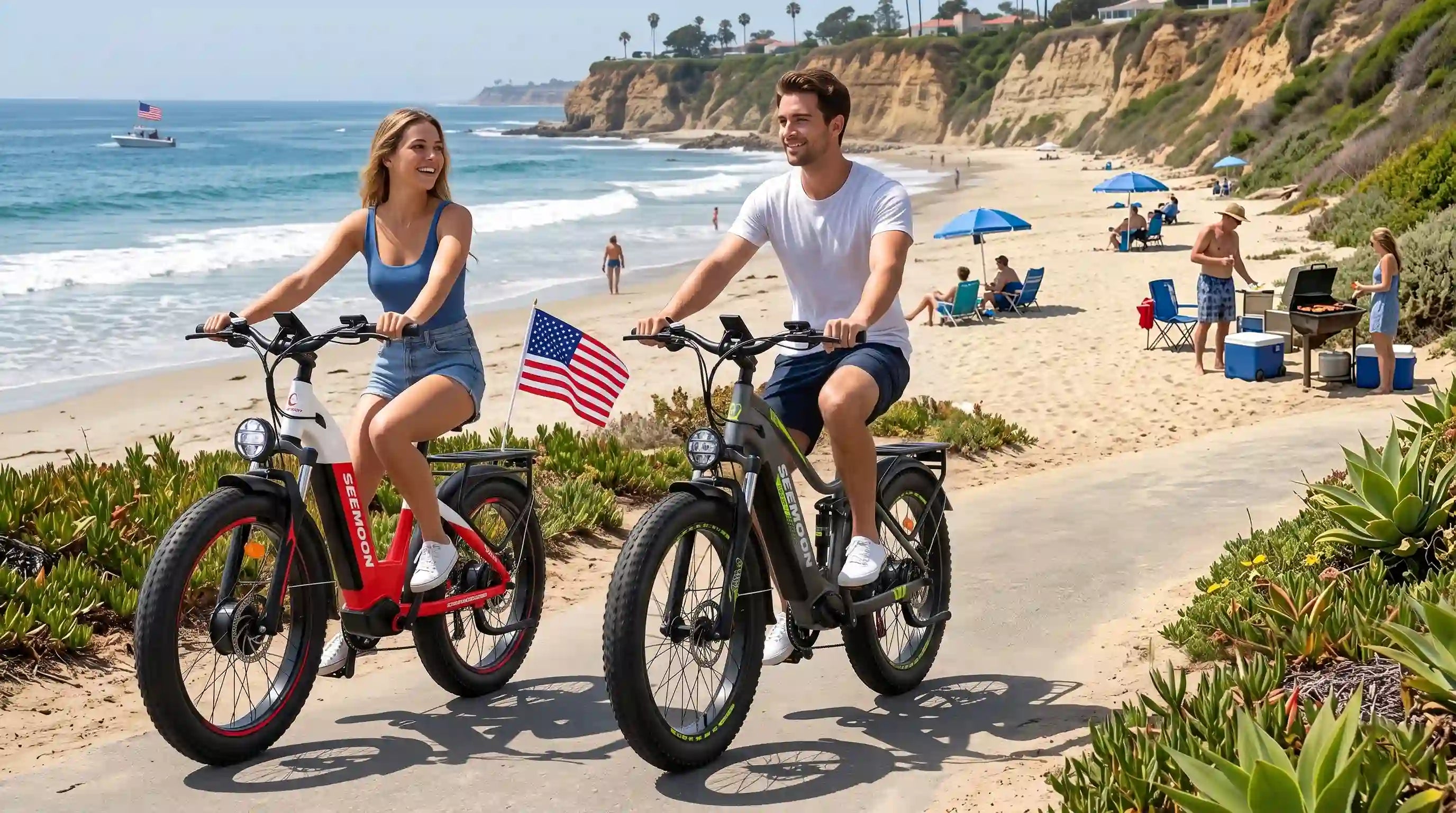 A group of friends celebrated the Fourth of July by riding Seemoon electric bikes—with American flags.