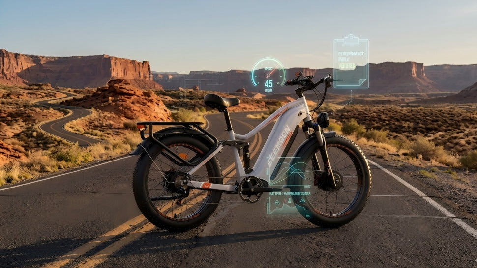 Seemoon high-performance AWD e-bike showing FOC torque curves and telemetry data during desert testing