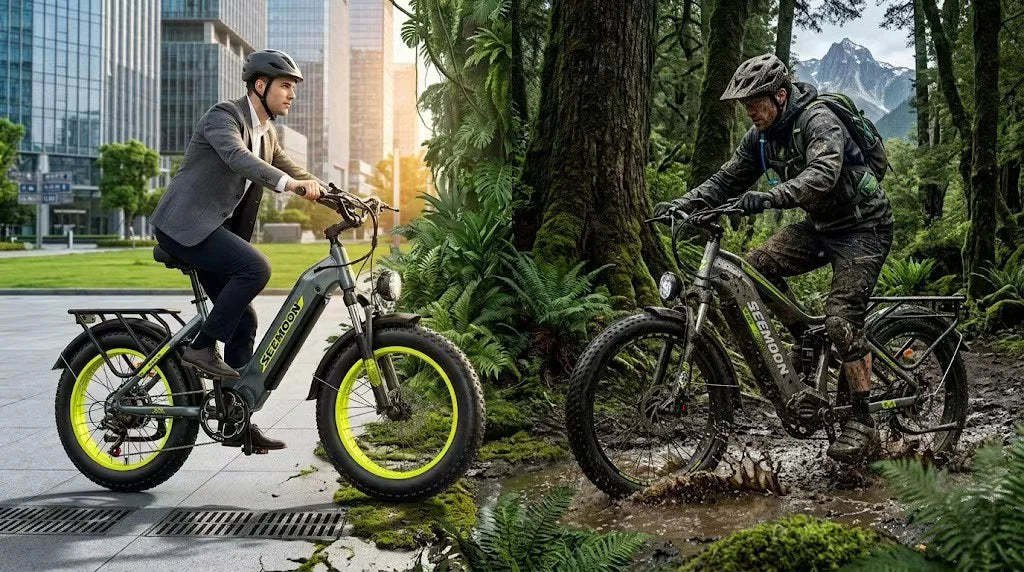 Side-by-side comparison of the SM5 hardtail ebike and the SM3 full suspension ebike.