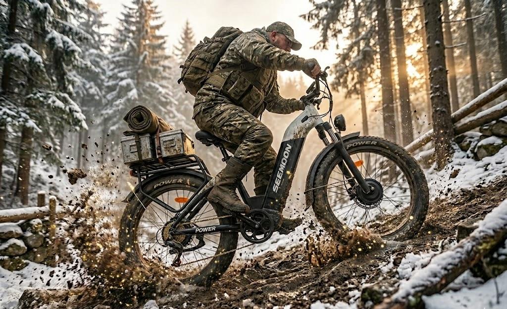 SM1 electric off road bike with 52V dual motors climbing a steep snowy mountain.