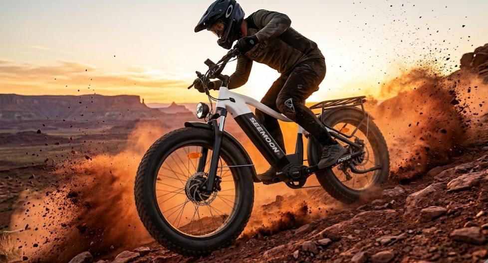Seemoon SM1 dual-motor off road ebike conquering rocky trails in Moab Utah.