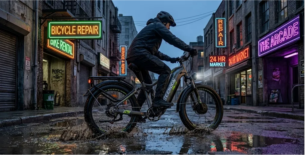 The robust and durable SM3 heavy-duty e-bike safely navigates slippery, potholed city streets.