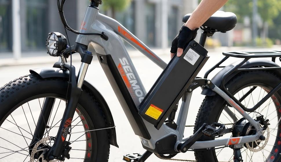 A high-quality replacement battery is being installed in the Seemoon SM3 all-terrain e-bike to restore its impressive range.