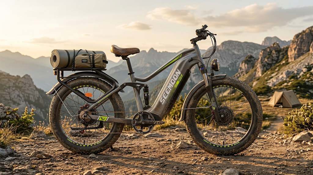 The Seemoon SM3 all terrain e-bike, equipped with a brushless hub motor, is parked on the ground.