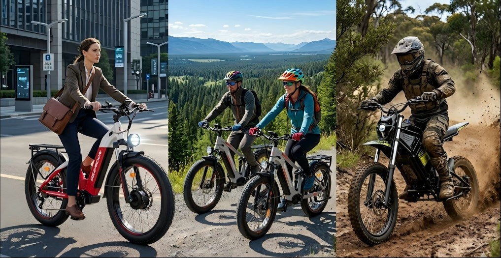 Various riders commuting and conquering diverse off-road terrain on different Seemoon electric bicycles