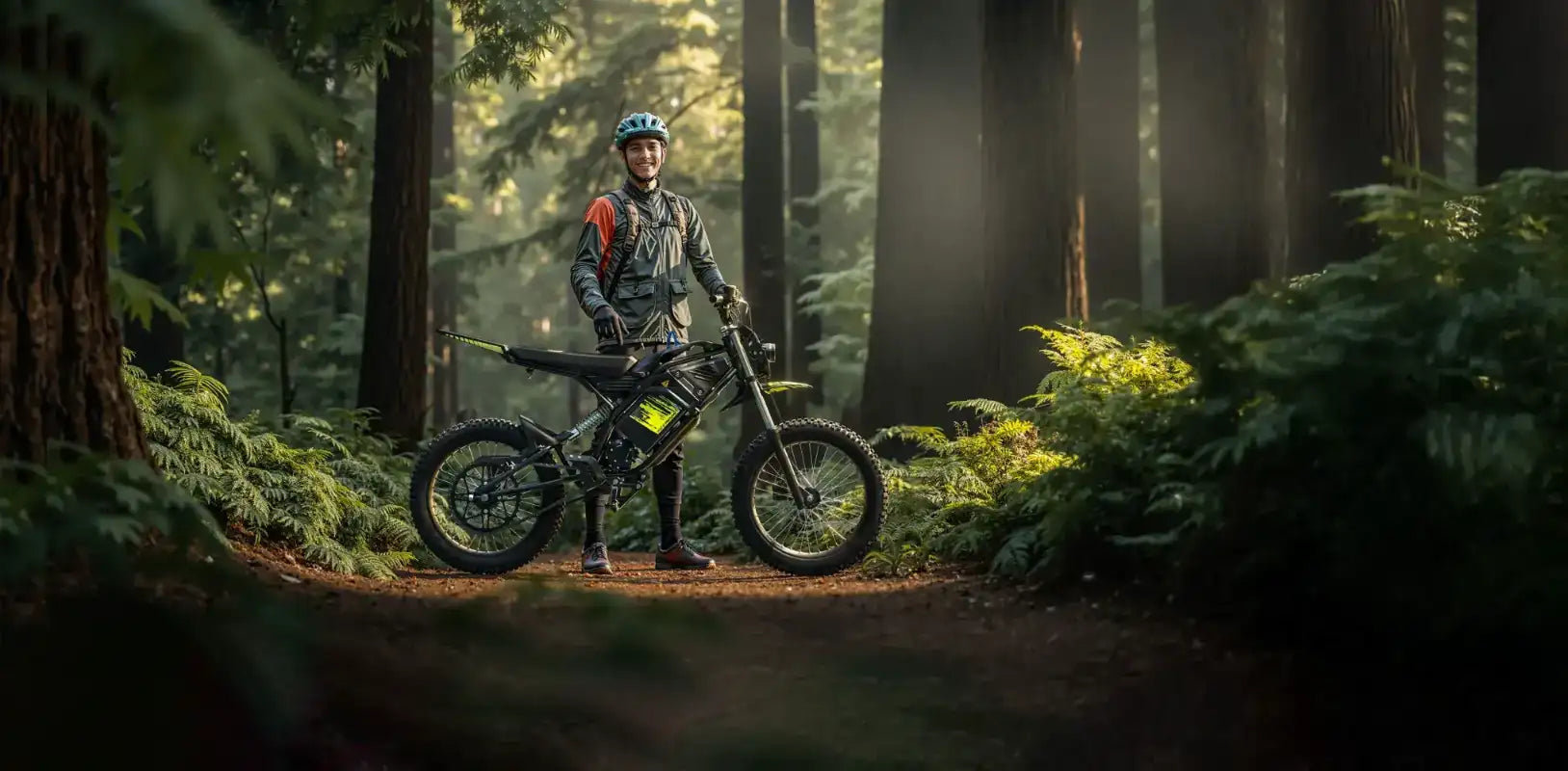Seemoon SM4 electric dirt bike riding in deep forest shadows.
