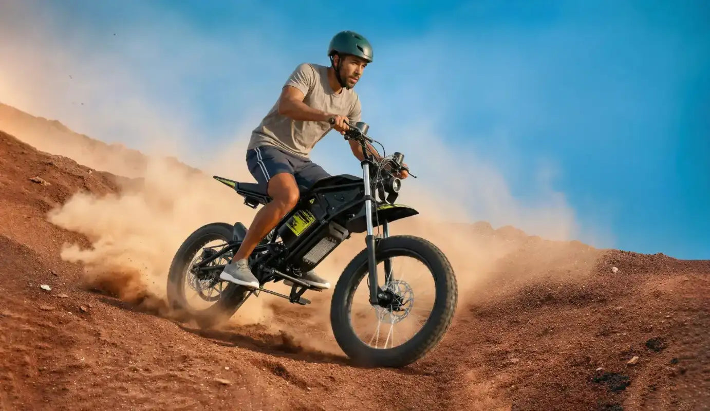 Aggressive off-road riding action on Seemoon SM4 electric bike.