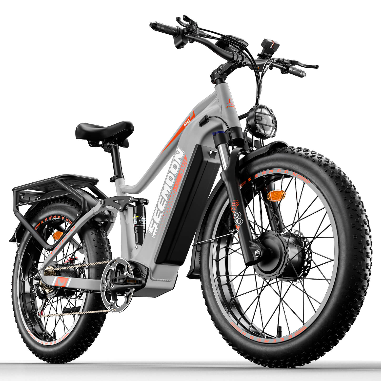 SEEMOON SM3 fat tire electric bike in light gray featuring high-performance dual motors and all-terrain capabilities.