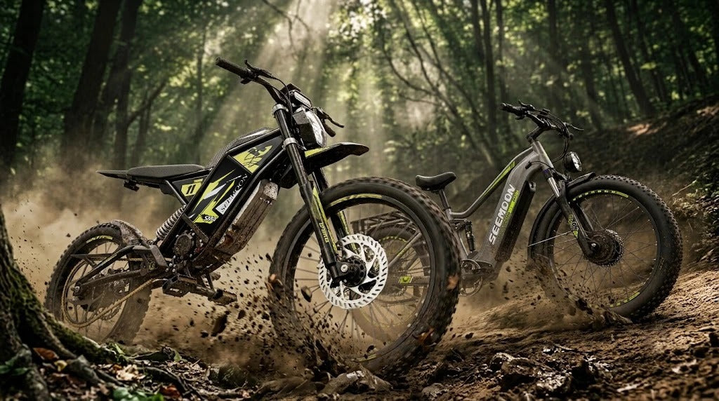 The Seemoon SM3 off-road e-bike and SM4 Pro electric dirt bike perform extreme braking using hydraulic brakes on a dirt track.