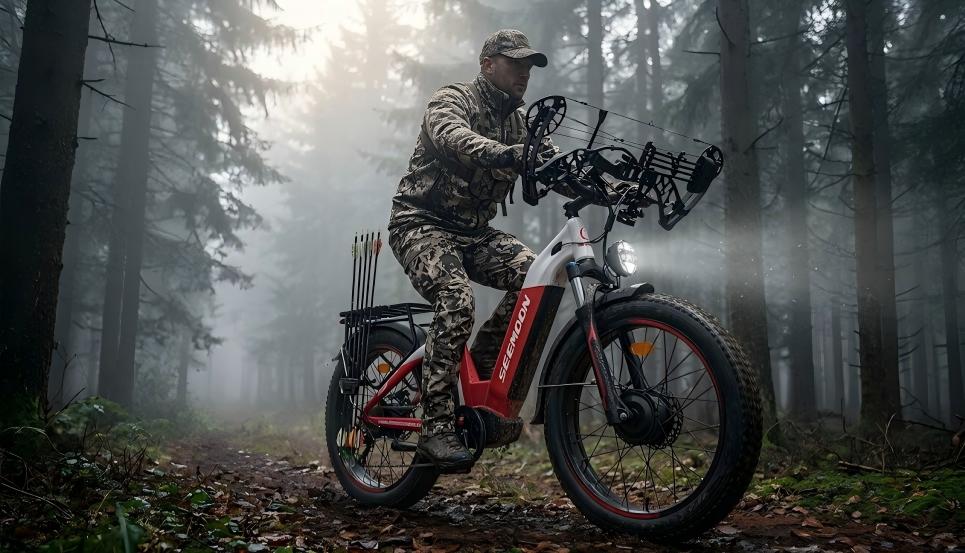 Hunter riding the SM1 electric off-road bike with a composite bow through the fogly sine forest.