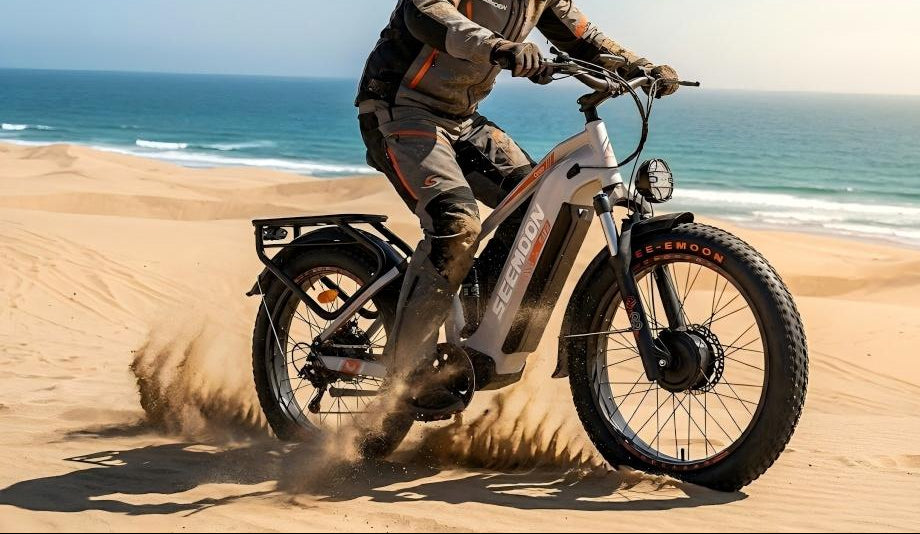 The SM3 fat-tired electric bike uses dual motors to provide high resistance for pushing in wet beach environments.