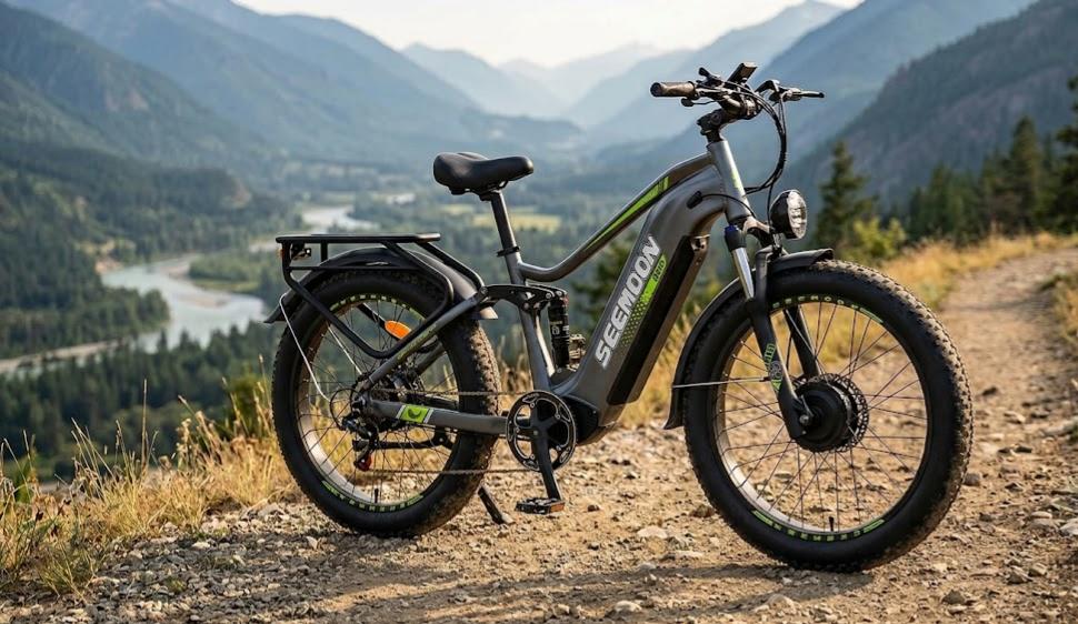 Seemoon SM3  all-terrain electric bike with fat tires parked on a dirt trail
