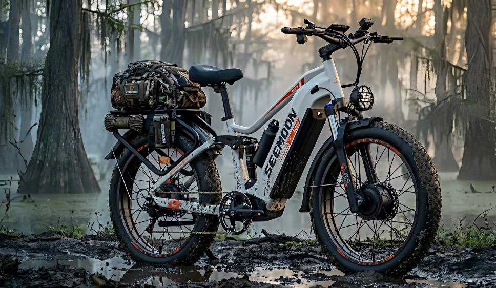 Seemoon SM3 all terrain waterproof hunting e-bike parked on a muddy swamp trail, fully loaded with tactical hunting gear on its heavy-duty rear rack.