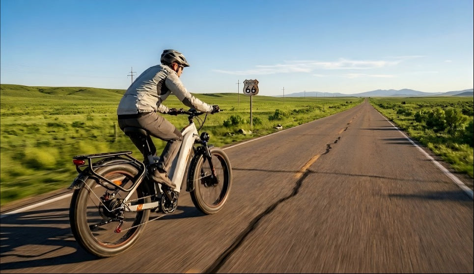Seemoon SM3 all terrain e-bike cruising down a long American prairie highway, showingcasing its 45mph open-road capabilities.