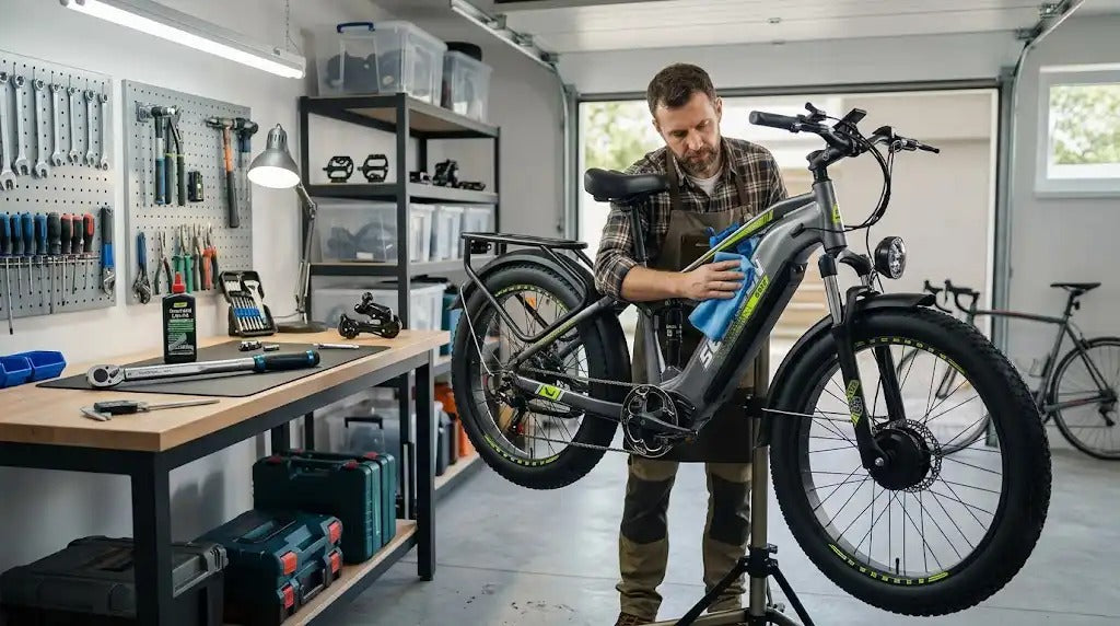 A rider performs routine maintenance on a Seemoon SM3 all-terrain electric bike in a garage, checking the frame and battery.