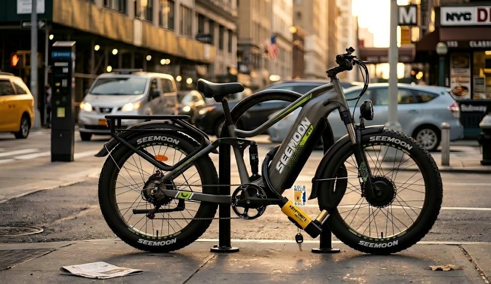 A Seemoon all-terrain electric bicycle, already insured, is safely parked on the street.