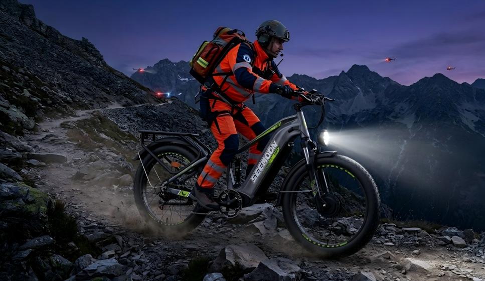 First responders used SEEMOON SM3 tactical e-bikes for rapid field search and rescue operations.