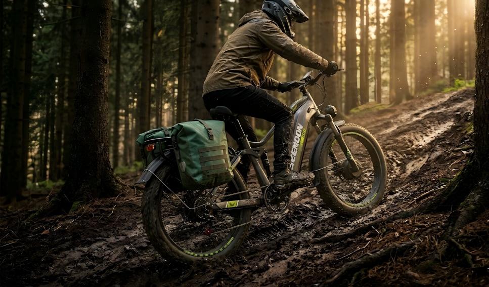 The Seemoon SM3 off-road electric bicycle uses a high-torque dual-hub motor to climb steep, muddy trails.