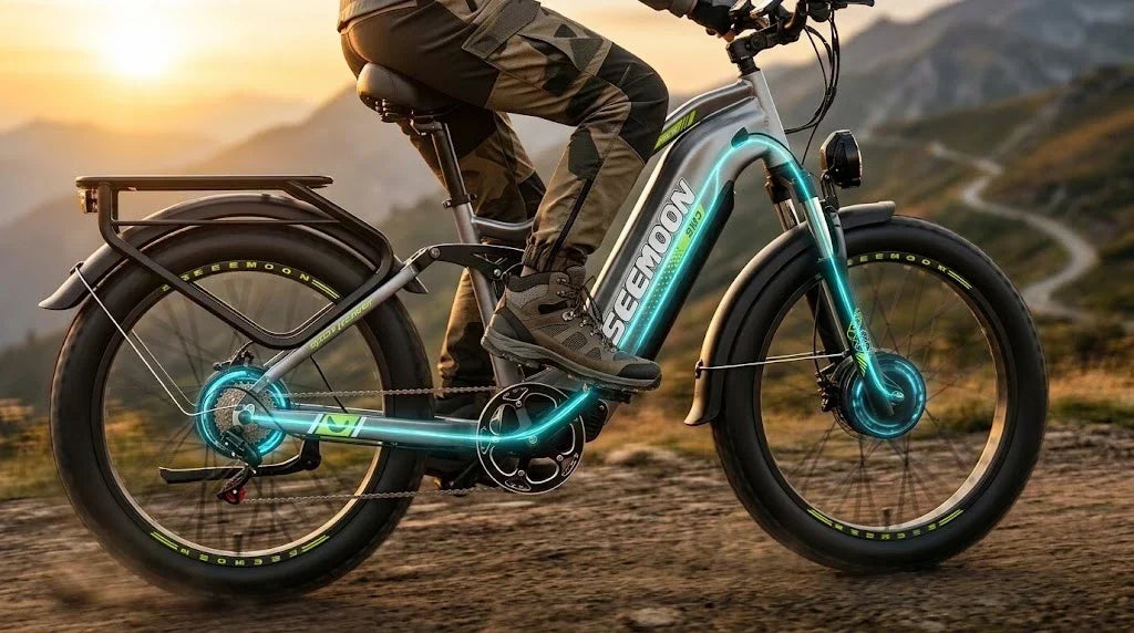 Seemoon SM3 pedal assist electric bike on a mountain road for demonstrating pedal assist power.