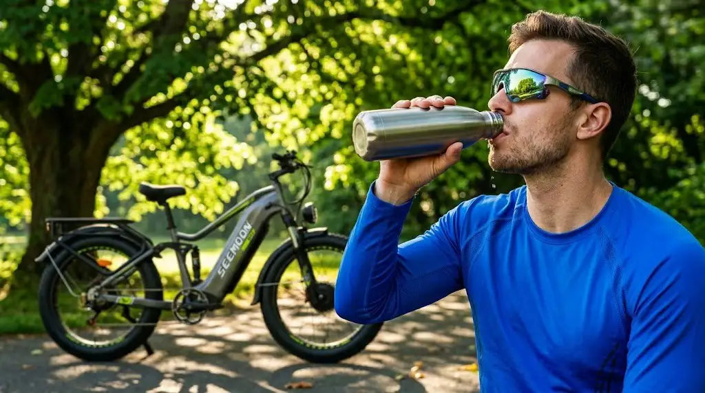 After riding an e-bike for a while during the hot summer, you should rest in the shade and replenish electrolytes.