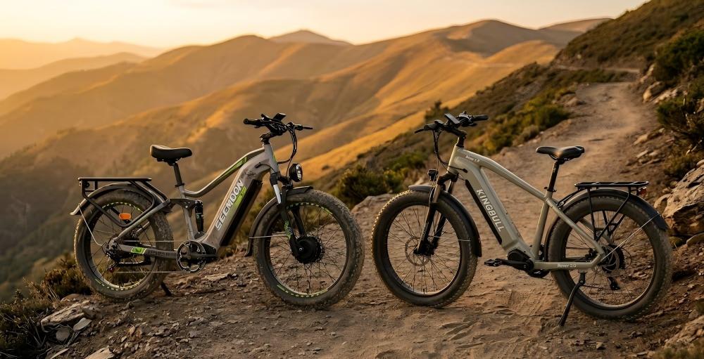 Side-by-side comparison of Seemoon SM3 AWD fat tire e-bike and KINGBULL Rover 2.0 on a rugged mountain trail.