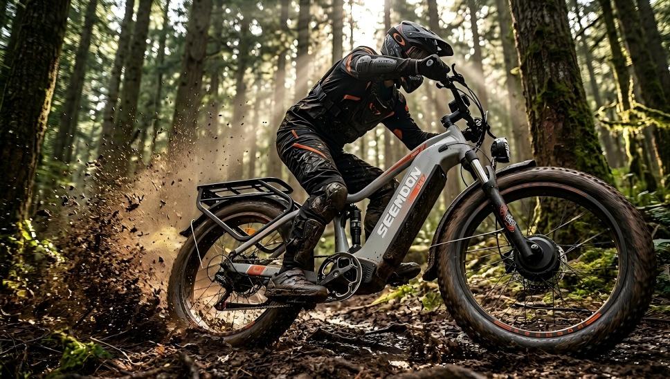 The Seemoon SM3 all-terrain electric bicycle effortlessly traverses the dense, muddy forest trails of the Pacific Northwest.
