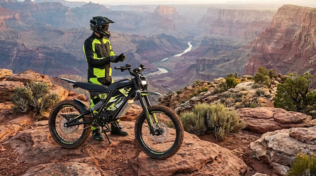 The Seemoon SM4Pro electric dirt bike is displayed atop a canyon peak, highlighting its hill-climbing capability.