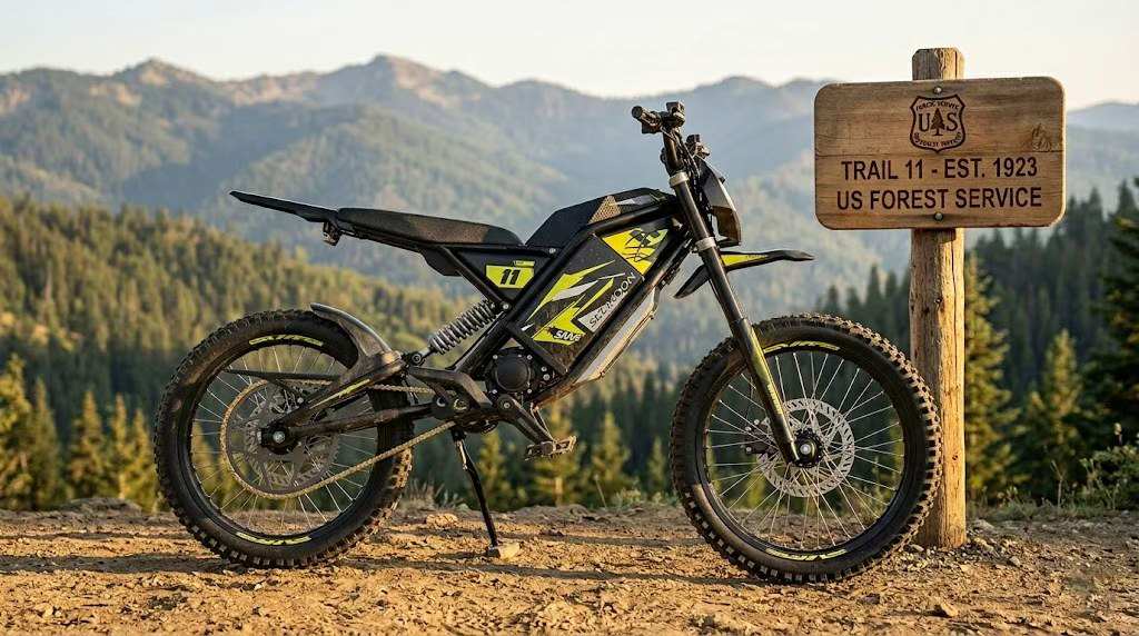 The Seemoon SM4Pro electric dirt bike was parked next to a U.S. trail sign.
