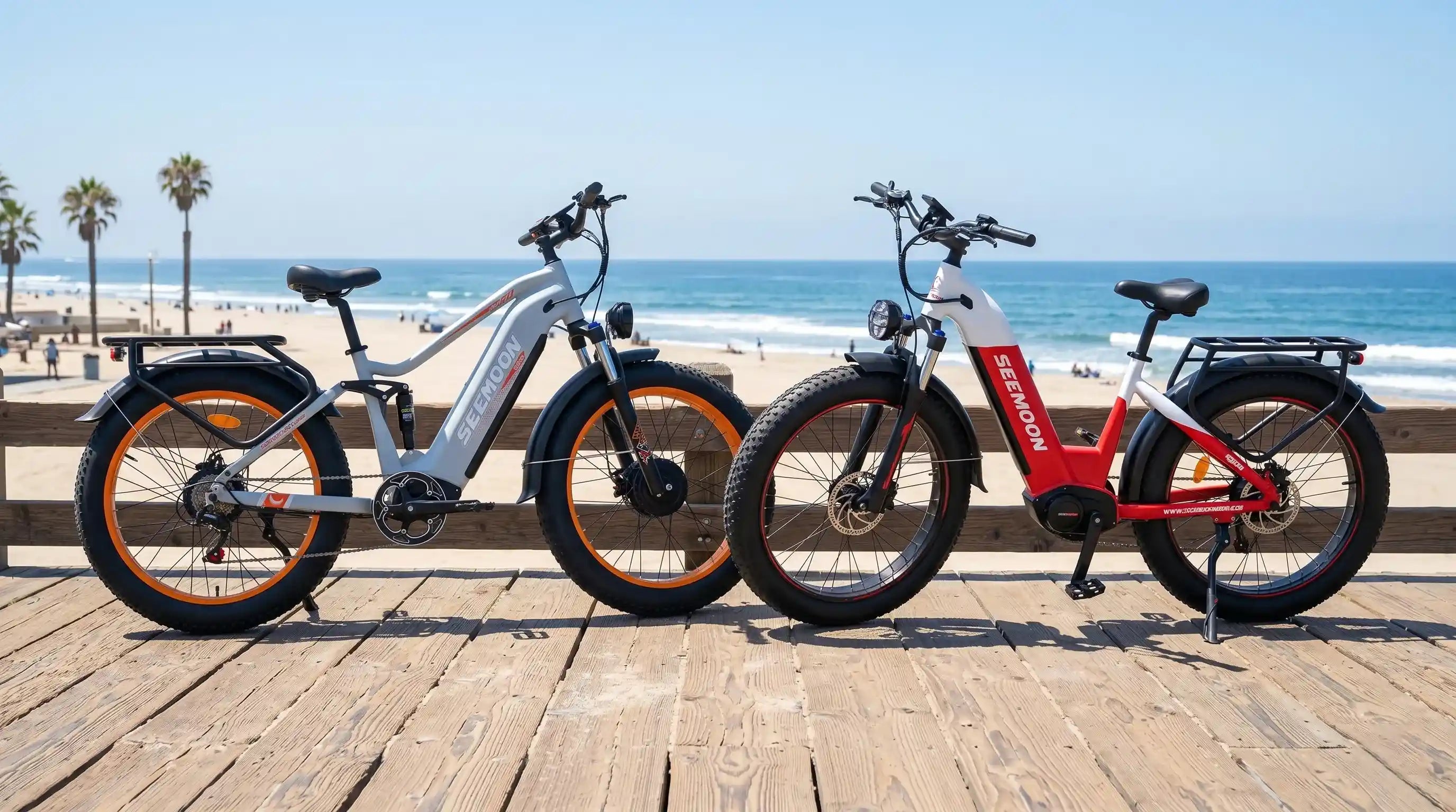 Seemoon SM1 step-through electric bicycles and SM3 step-over ebike are parked side by side on a California 