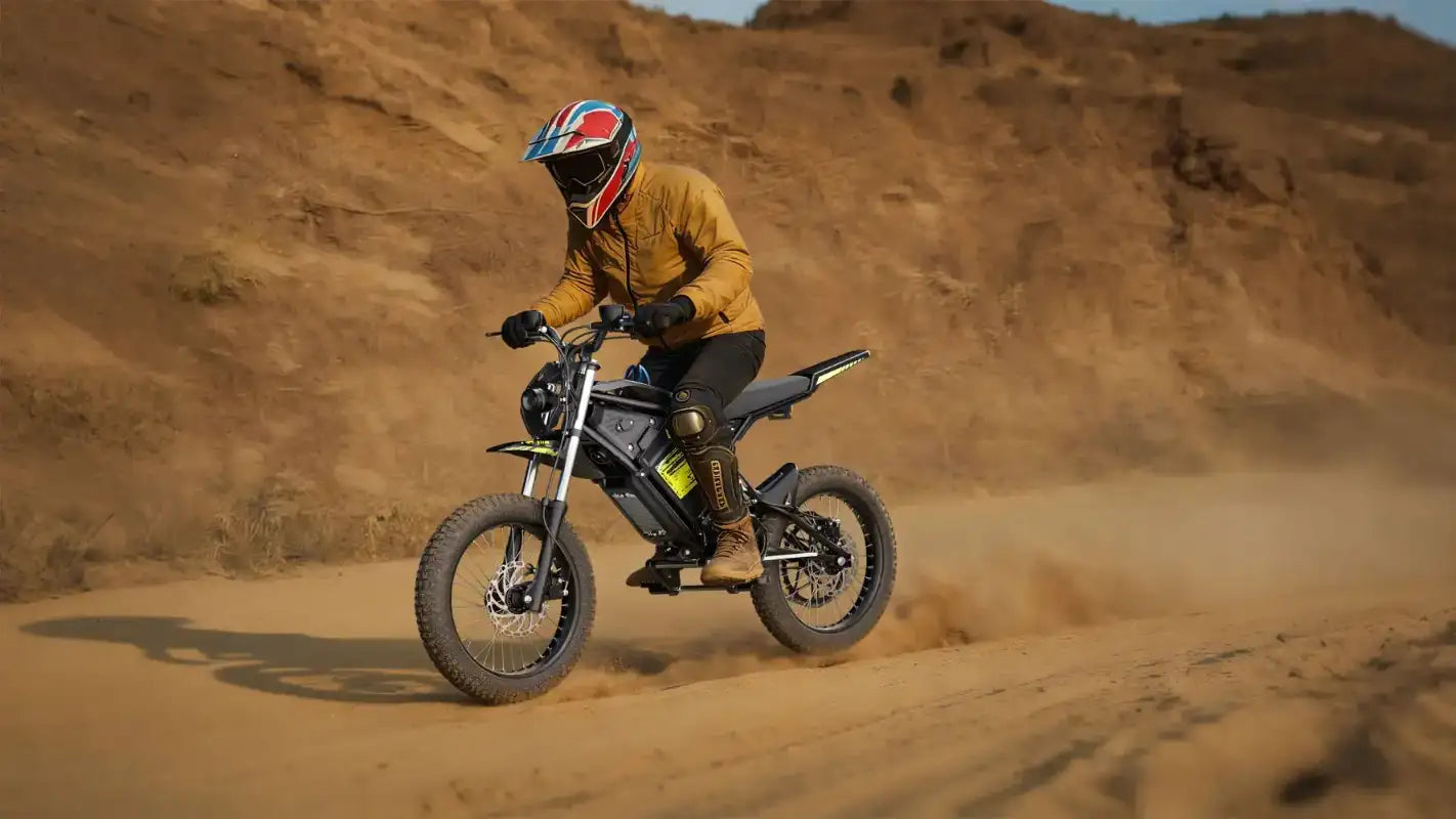 Seemoon SM4 electric dirt bike riding off-road on a dirt track.