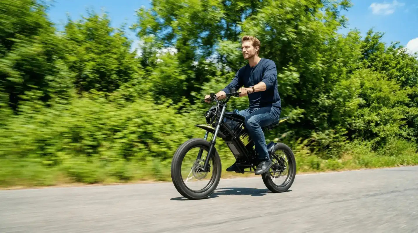 Rider cornering on a Seemoon SM4 electric dirt bike in nature.