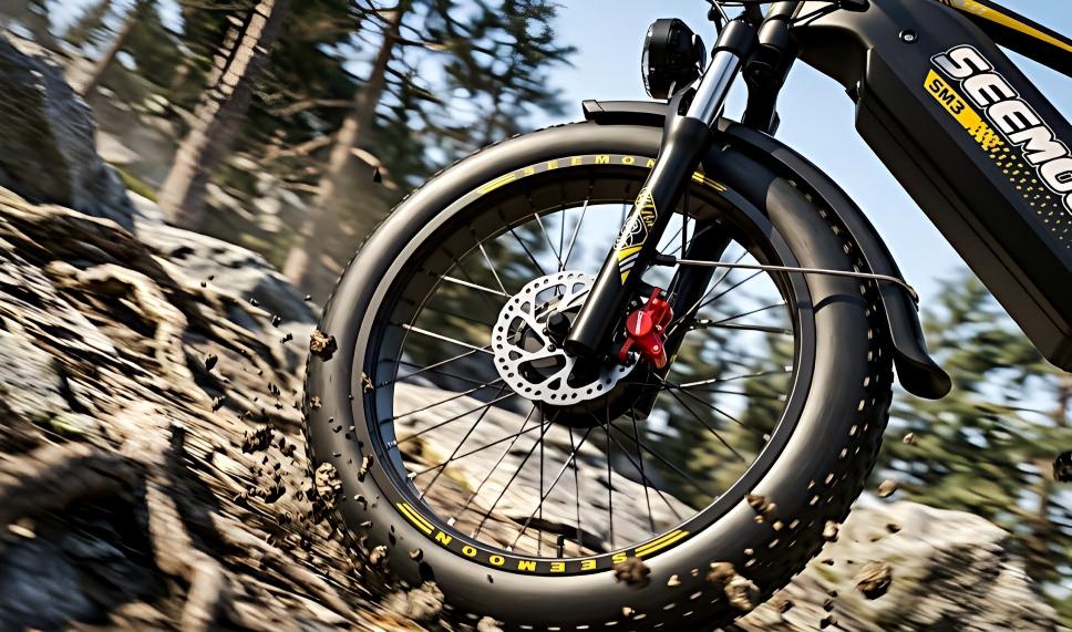 The SM3 heavy-duty hydraulic disc brakes providing extreme stopping power and preventing thermal fade during steep mountain descents