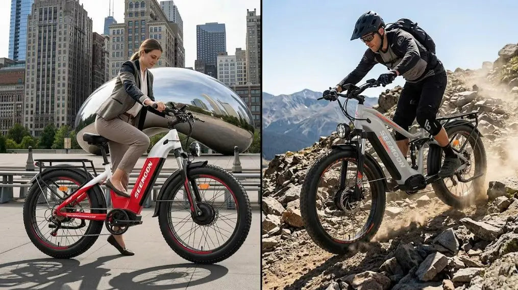 Comparison of Seemoon SM1 step-through commuter e-bike and SM3 step-over all-terrain e-bike.