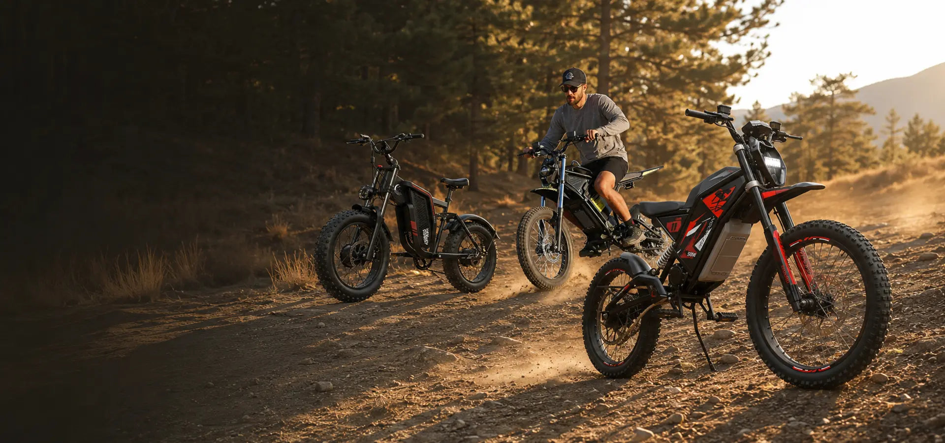 Seemoon SM2, SM4 and SM4 Pro electric bikes on an off-road forest trail