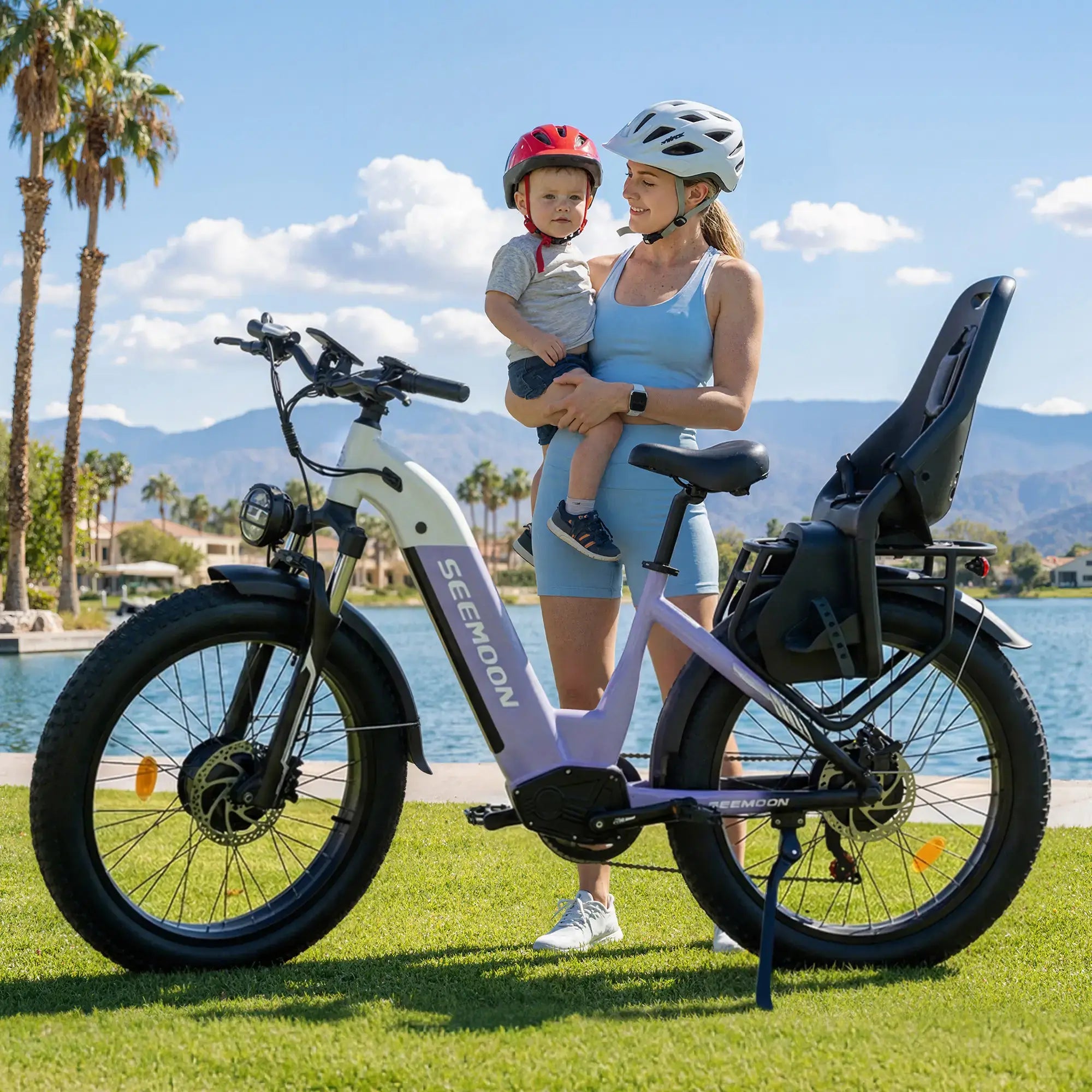Family riding Seemoon SM1 electric bike outdoors