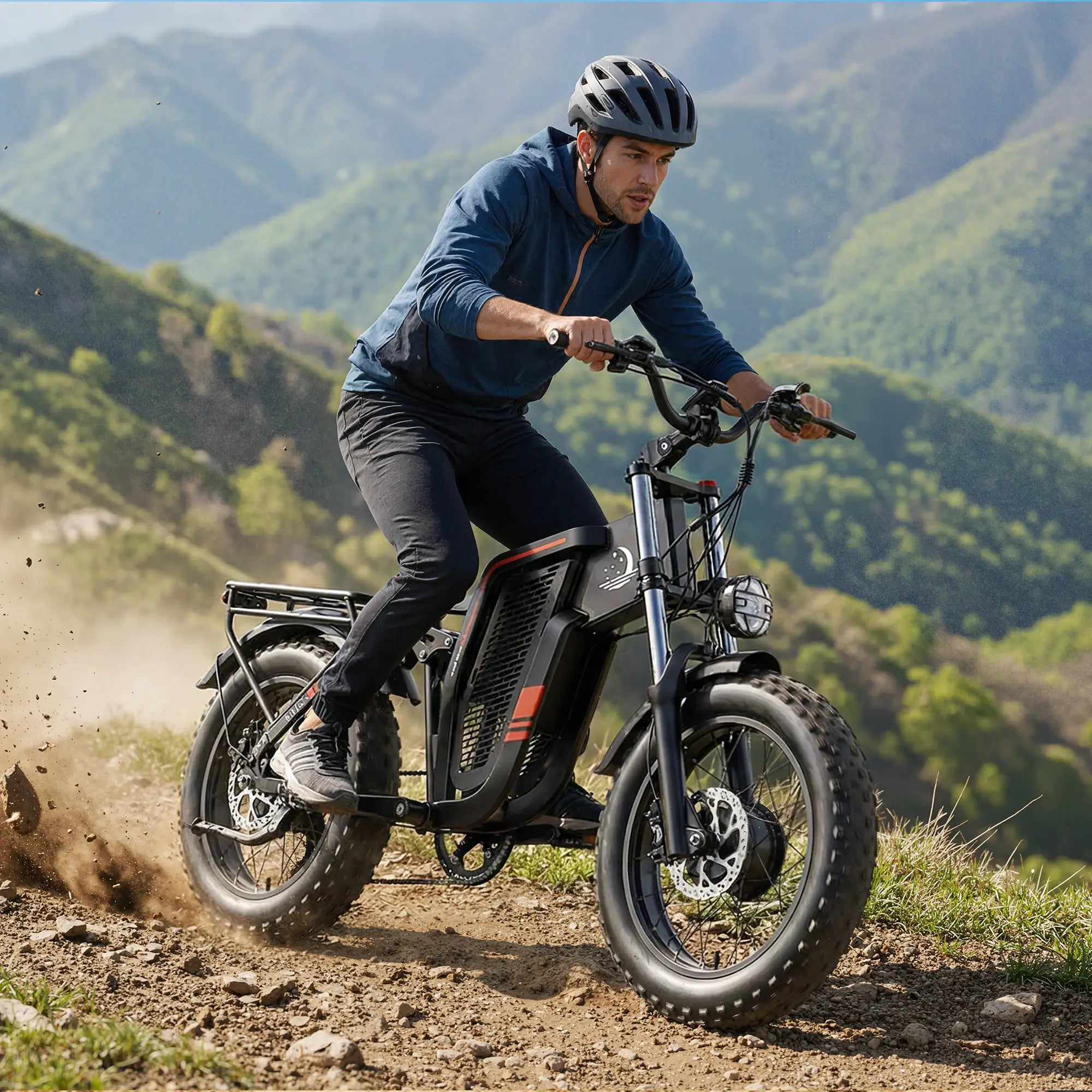 Seemoon SM2 electric bike riding on mountain trails
