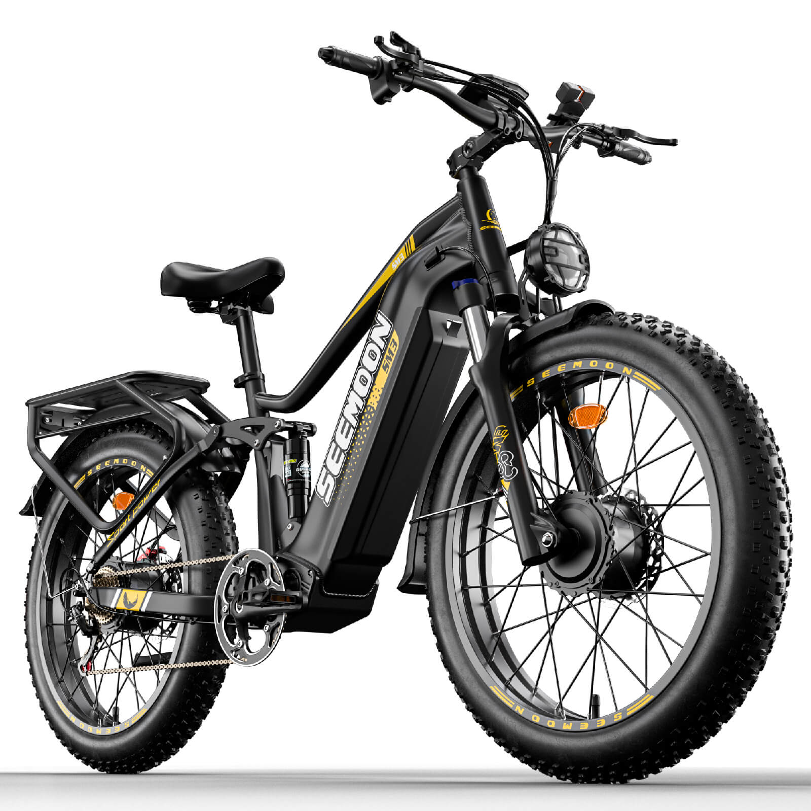 SEEMOON SM3 fat tire electric bike in classic black designed for extreme off-road adventures and powerful hill climbing.