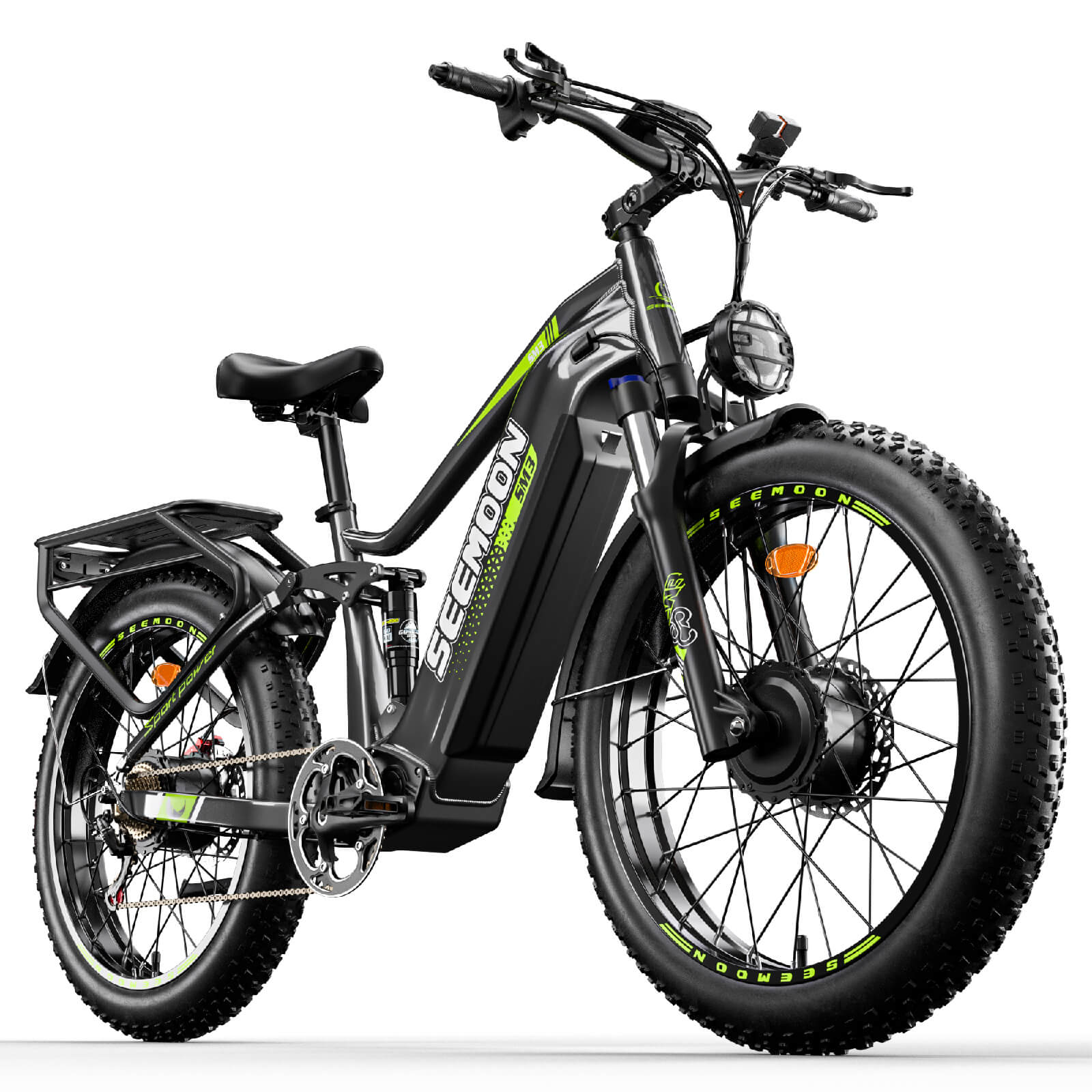 SEEMOON SM3 fat tire electric bike in dark gray equipped with a 60V power system and full suspension for rugged trails.