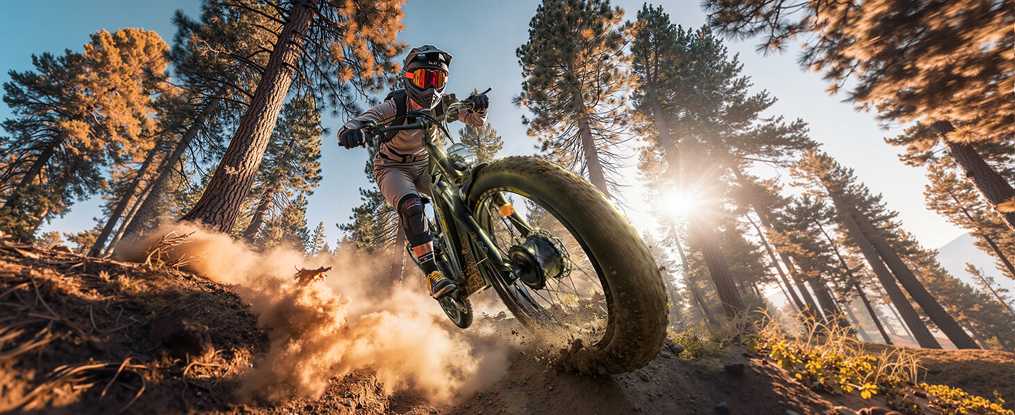 SEEMOON SM3 fat tire e-bike maneuvering through dense forest tracks with responsive suspension and agile handling.
