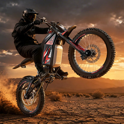 Seemoon SM4 Pro mid-drive electric dirt bike performing a high-torque wheelie on a dusty desert trail at sunset.