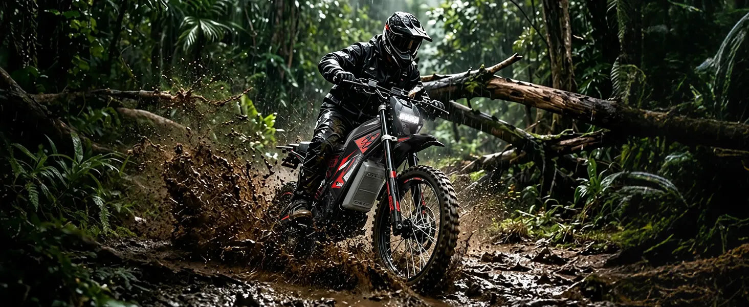 Professional rider maneuvering the Seemoon SM4 Pro electric trail bike through jungle mud and fallen trees.