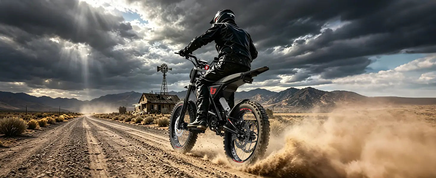 Seemoon SM4 Pro heavy-duty dirt ebike riding past an abandoned house on a backcountry trail.