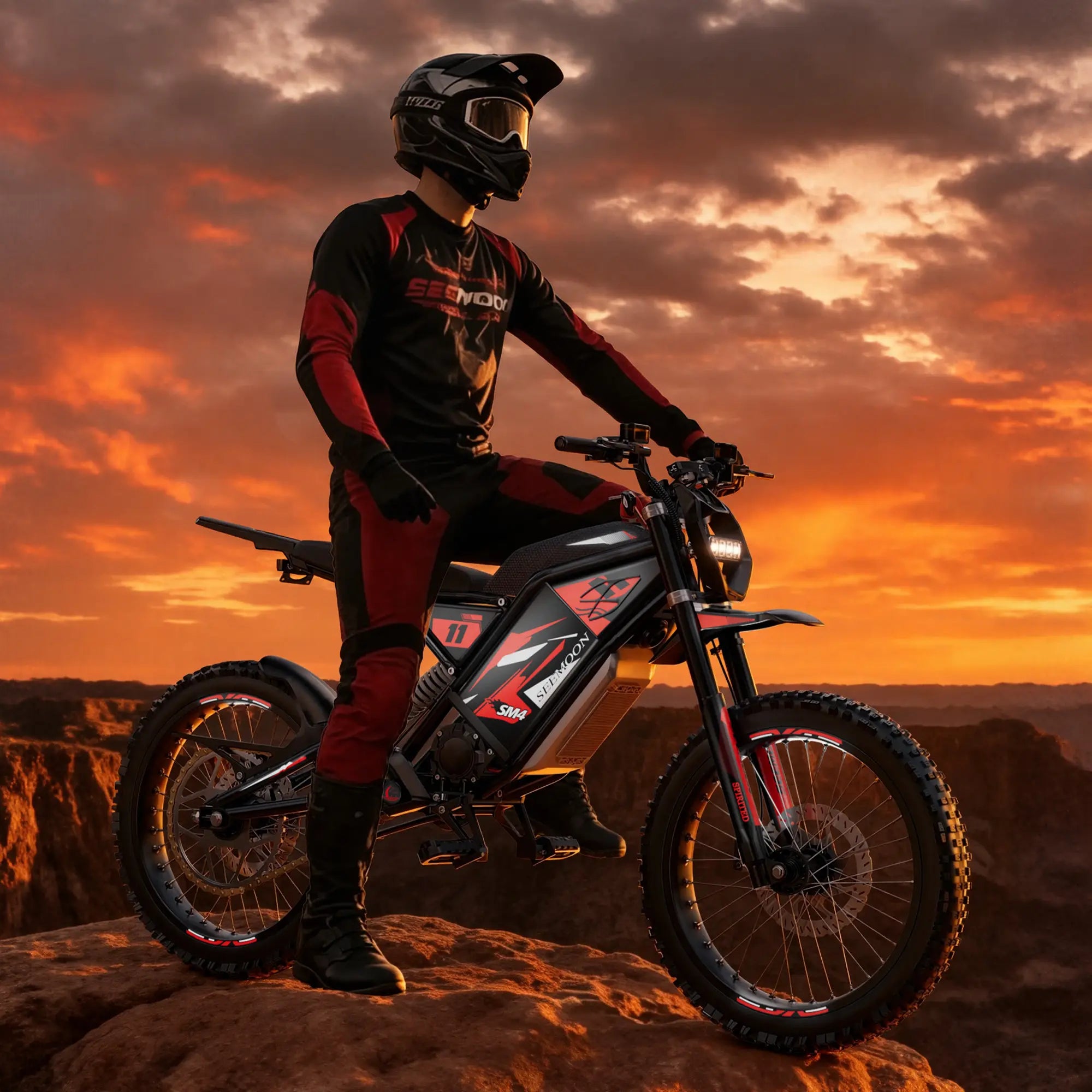 Side view profile of Seemoon SM4 Pro mid-mounted electric bike with rider standing on rocky terrain under a dramatic fiery sunset sky.