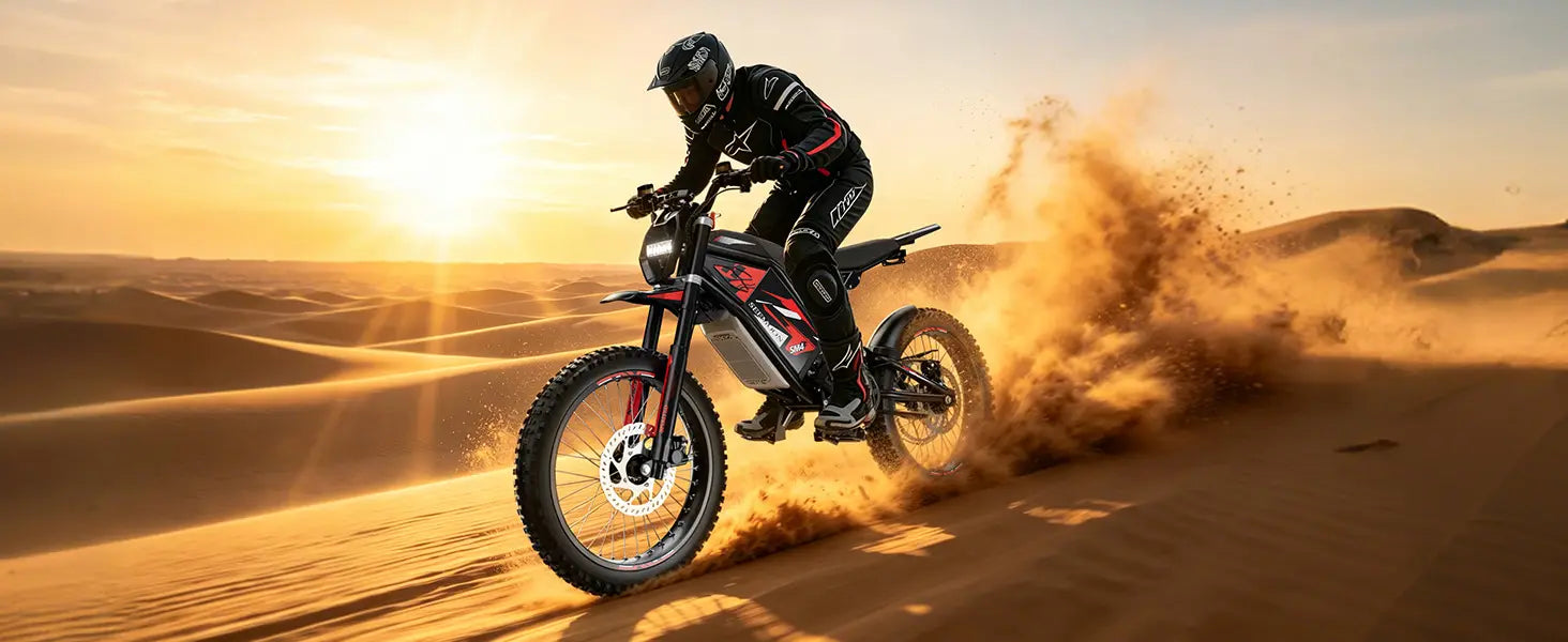 Wide banner of Seemoon SM4 Pro off-road ebike kicking up sand in the desert at sunset.