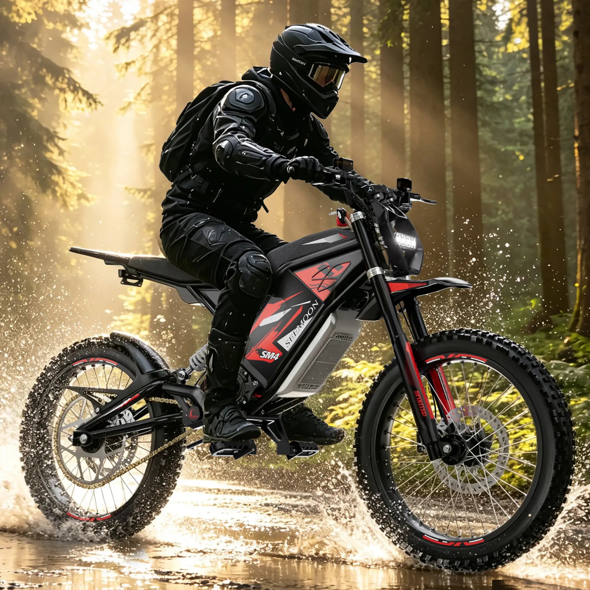 Rider steering the Seemoon SM4 Pro off-road electric motorcycle through a shallow river creek inside a sunlit pine forest.