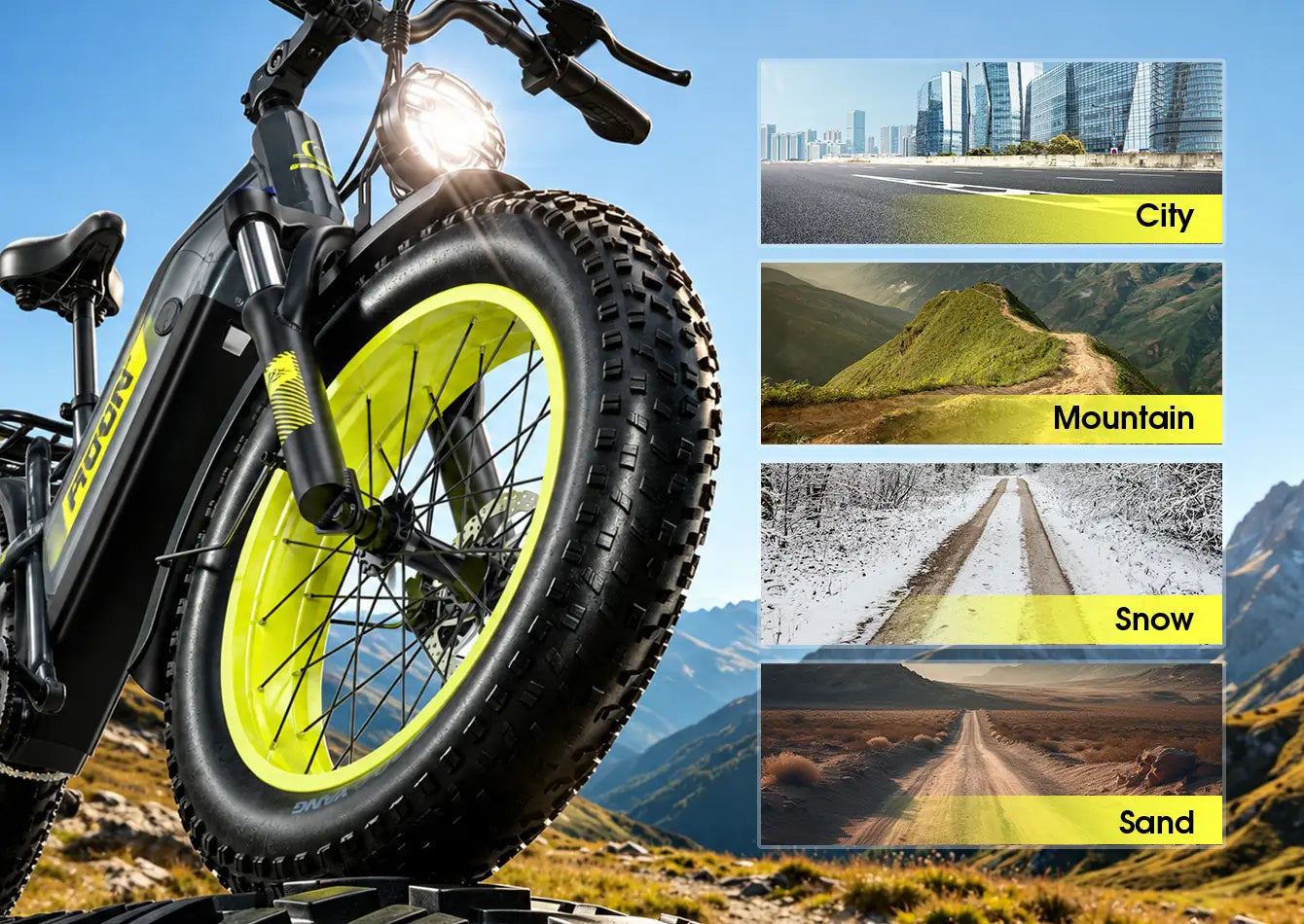 Seemoon SM5 all-terrain electric mountain bike with 20x4 fat tires conquering city streets, mountain trails, snow, and sand.