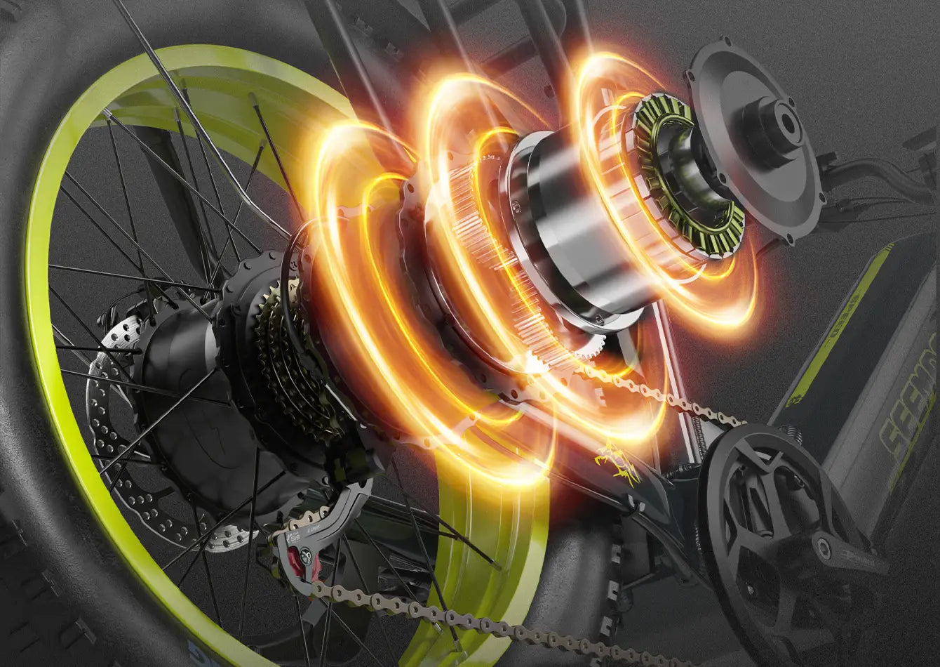 Powerful brushless hub motor on Seemoon SM5 electric mountain bike showcasing high-torque and speed performance.
