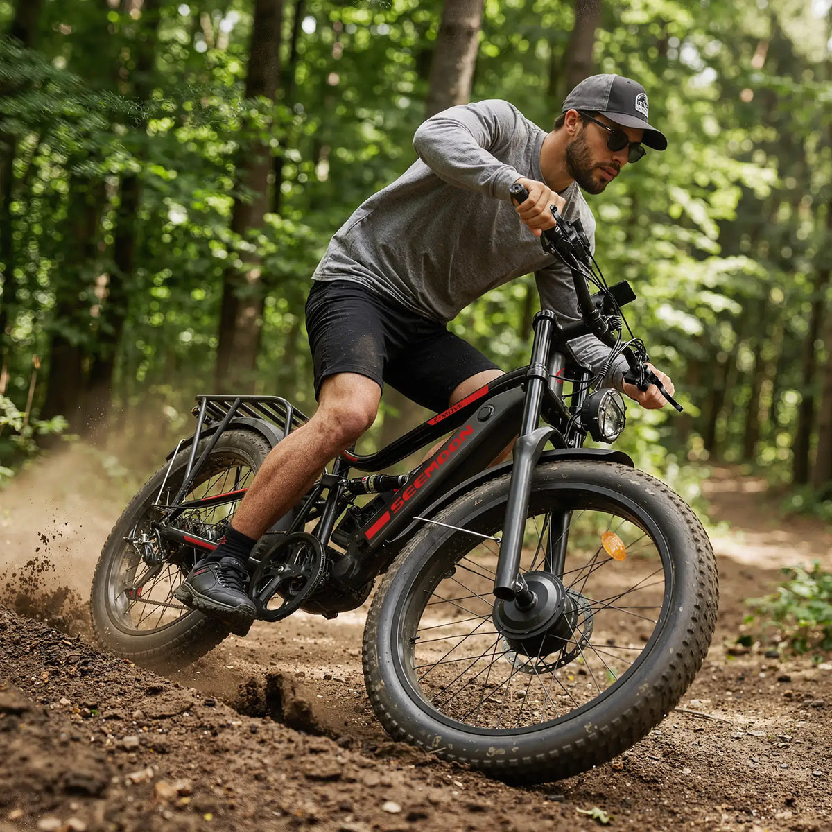 Seemoon SM8 electric bike riding on a mountain trail