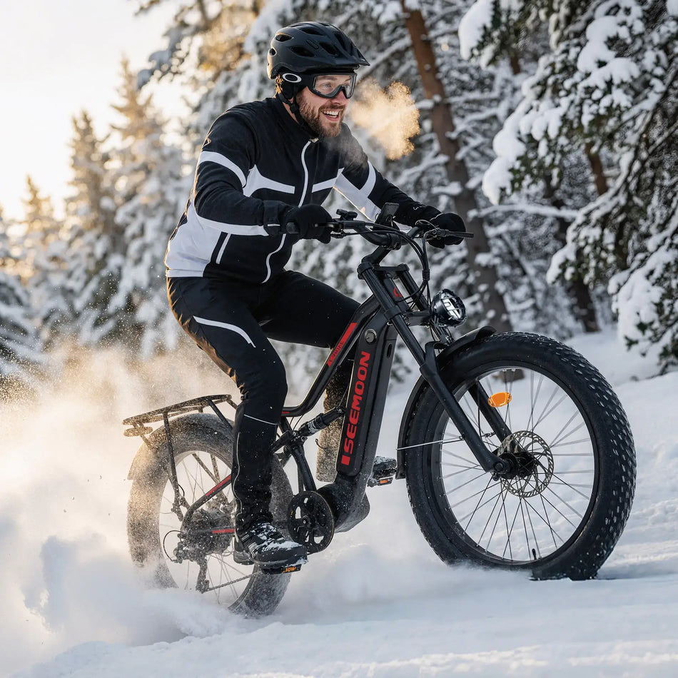 Riding Seemoon SM8 electric bike on snowy terrain