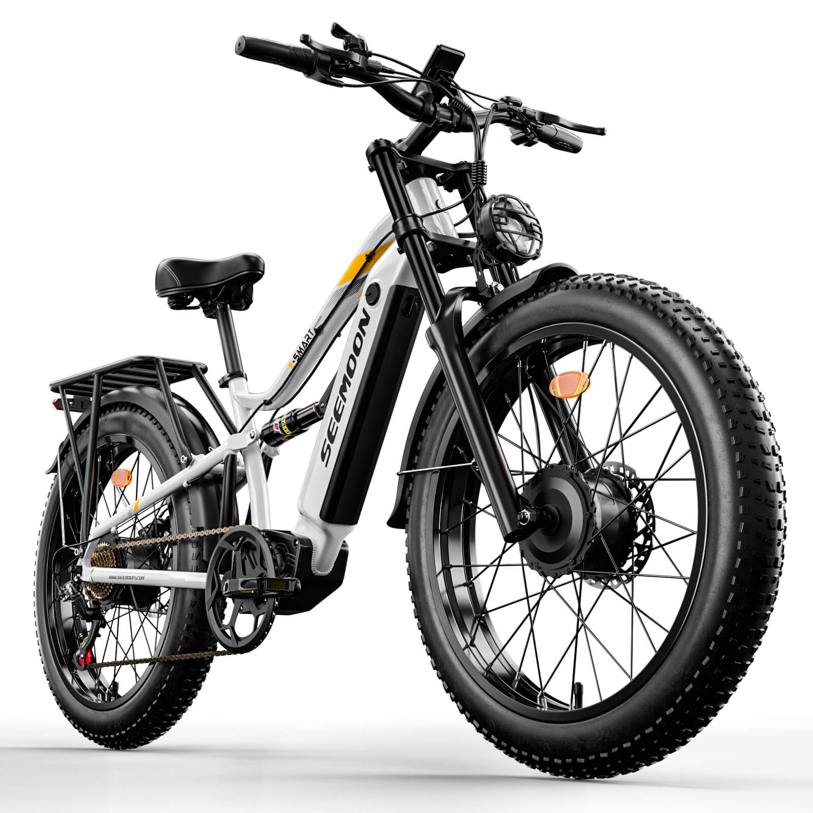 Seemoon SM8 electric bike in white, rear angle view